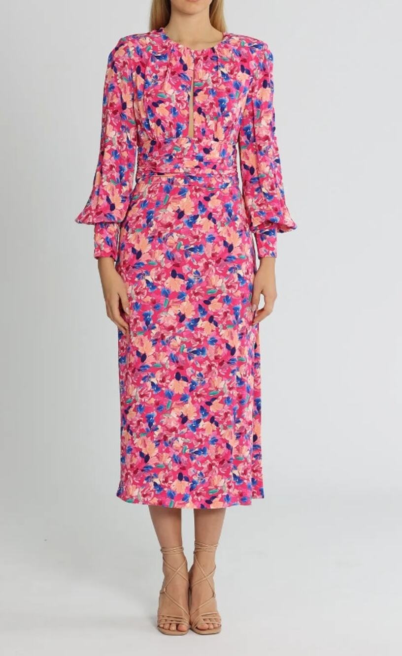 REBECCA VALLANCE Little Havana Floral Midi Dress Size 0 Pink Long Sleeve NWOT